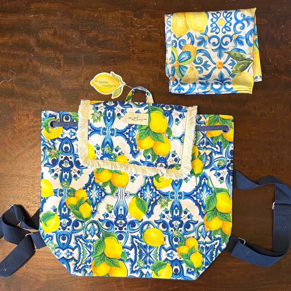 Lemon Print Beach Backpack and Silk Scarf Set